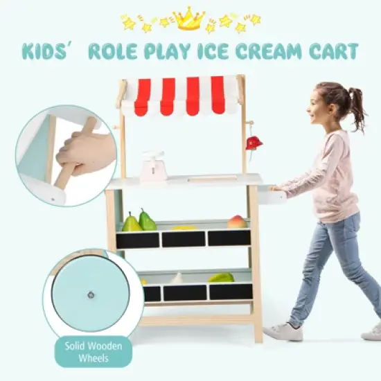Costway Kids Ice Cream Cart Wooden Toddler Farmers Market Stand W/ Chalkboard & Storage image {5}