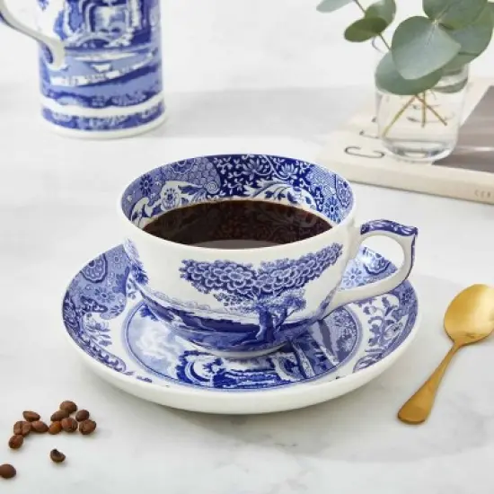 Spode Blue Italian 20oz Jumbo Cup & Saucer Set - Scenic Motif & Decorative Border - Elegant Hot Beverage Mug for Tea, Coffee image {5}
