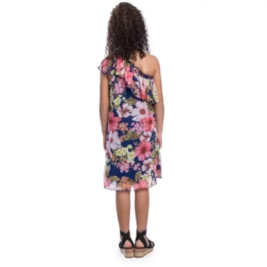 24seven Comfort Apparel Girls Blue Floral One Shoulder Ruffle Knee Length Dress image {2}
