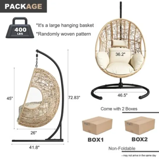 FURNIinspire Patio Swings Hanging Chair With Beige Seat Cushion, Outdoor Indoor Wicker Swing Egg Chair With Stand, Natural Color, 42&ldquo;*47"*73" image {2}