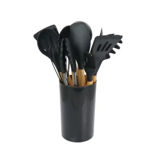 MegaChef 12 Piece Black Silicone and Wood Cooking Utensils Set image {3}