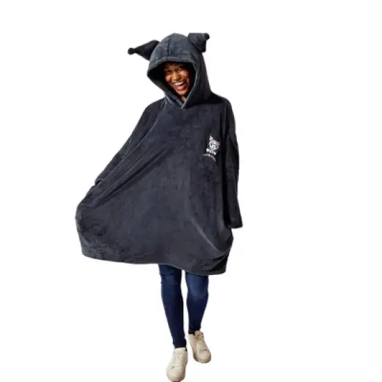 Kuromi Embroidered Character Art Women&rsquo;s Black Oversized Hooded Blanket OSFA image {4}