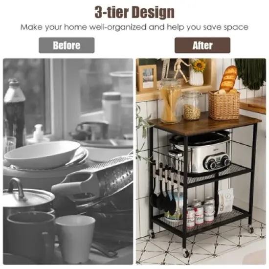 Costway 3-Tier Kitchen Serving Cart Utility Standing Microwave Rack w/ Hooks image {4}