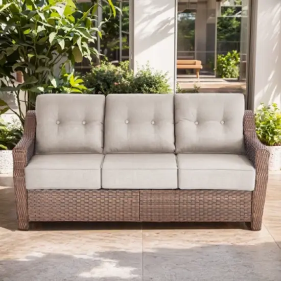 Belord 6" Thick Cushion Outdoor Sofa Patio Couch, Patio Furniture 74.8" Wide Sofa with Brown Round Wicker Comfort High Back Patio Couch for Porch image {2}