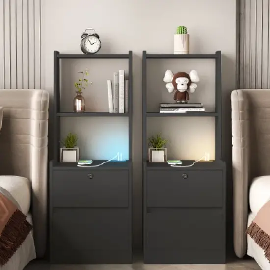 LIVAREEmlen Nightstand with Charging Station, Modern Night Stand with Bookshelf, Bedside Tables with Storage Cabinet for Bedroom image {6}