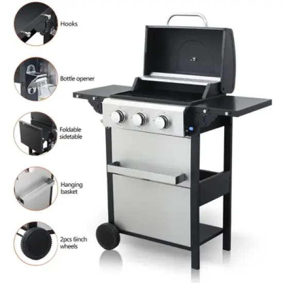 Kumasinova 3-Burner Propane Gas BBQ Grill,25650BTU Output,Stainless Steel Grills with Wire-Enameled Cooking Grids,Foldable Side Tables&Thermometer image {3}