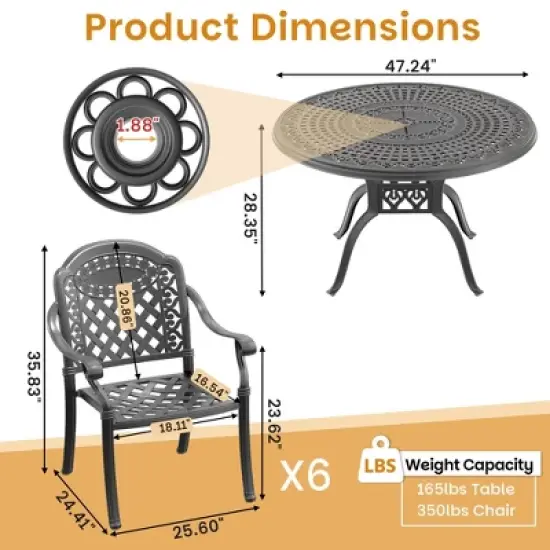 7-Piece Cast Aluminum Outdoor Dining Set with Red Cushions, Round Table & Stackable Chairs - for Patio, Backyard image {3}