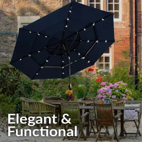 Sunnydaze 3-Tier Outdoor Patio Umbrella with Polyester Canopy, Solar LED Lights, Push Button Tilt and Crank - 10' - Navy image {3}