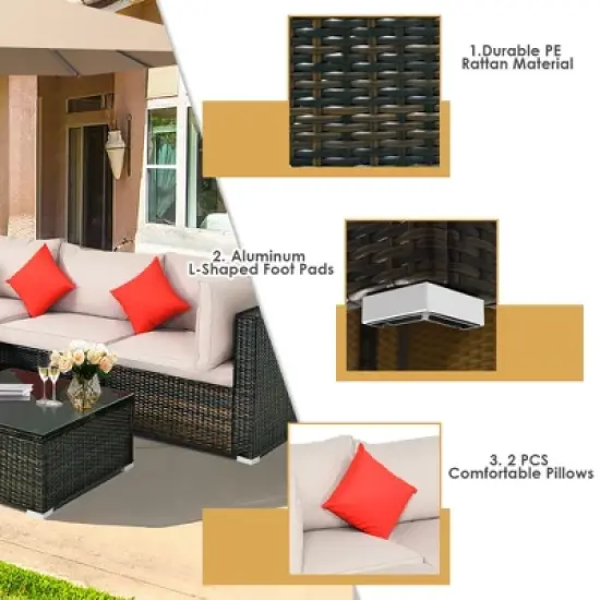 Tangkula 5PCS Rattan Sectional Sofa Set Patio Furniture Set w/ Beige Cushion Pillow image {5}