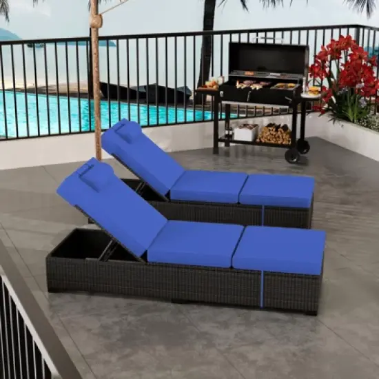 Outdoor Patio Chaise Lounge Chairs Set of 2, PE Wicker Pool Recliners with Adjustable Backrest, Storage Shelf and Cushions image {5}
