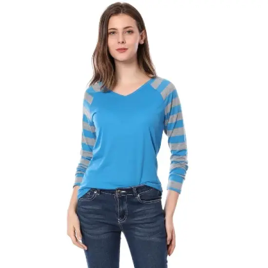 Allegra K Women's Striped V Neck Long Raglan Sleeve T-Shirts image {2}