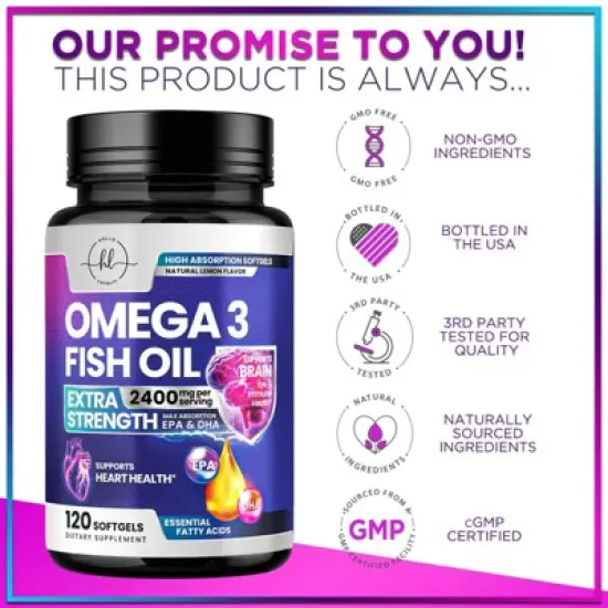 Omega 3 Fish Oil Triple Strength 2400 mg Softgels, Omega-3 Supplements, Natural Heart Health Brain & Joint Support - 120 Softgels By Hello Lovely! image {3}