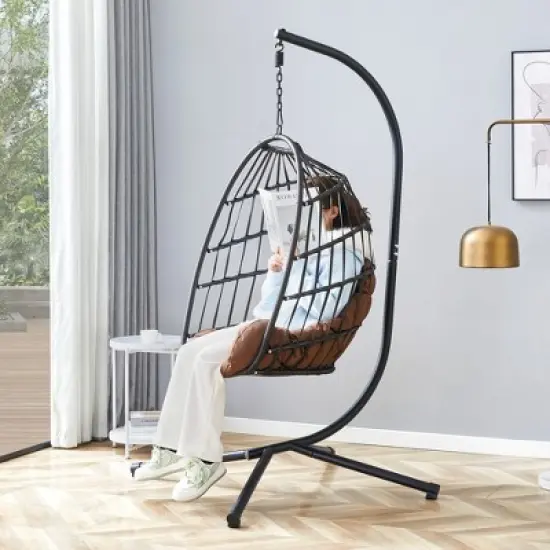 FIONECA Indoor/Outdoor Egg Swing Chair with Stand &uml;C Gray Wicker Hanging Hammock Chair with Rope Back, Cushion & Cover image {2}