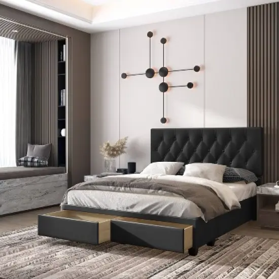 Full Veronica Tufted Faux Leather Upholstered Platform Bed with Storage Drawers Black - Eco Dream image {5}