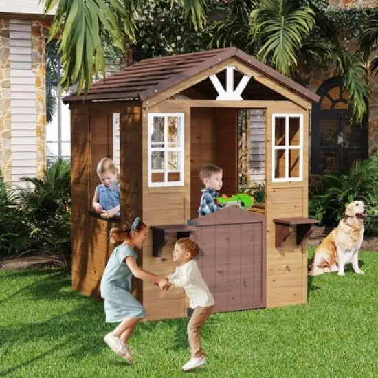 Wooden Play House for Kids, Wooden Play House Outdoor Cottage, Cedar Woodens Kids Playhouse Cottage, Toddler Outdoor Playhouse Vinyl Roof With Kitchen image {8}