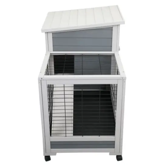 DOMETOUR Wooden Rabbit Hutch, Outdoor Pet Bunny House Wooden Cage with Ventilation Gridding Fence, Openable Door, Cleaning Tray, Gray image {2}