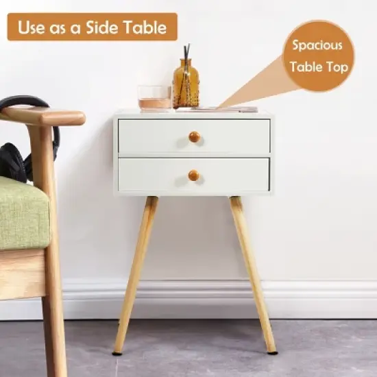 Costway 2PCS Mid Century Modern 2 Drawers Nightstand In White Sofa Side Table End Table image {5}