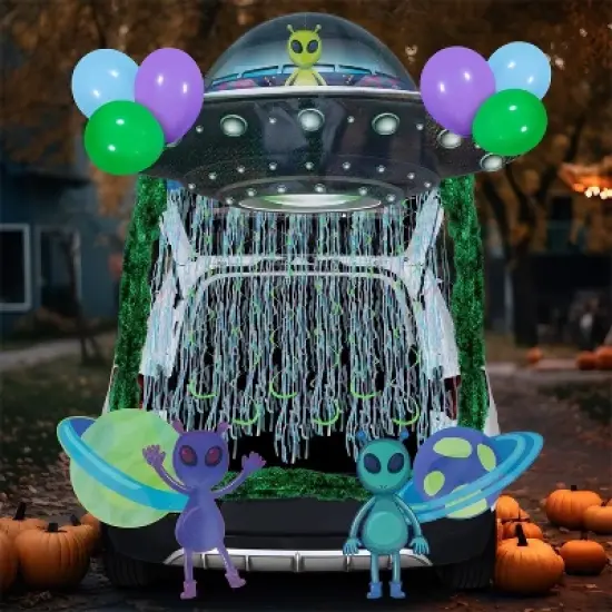 Joyfy Halloween UFO Trunk Or Treat Car Decoration, Aliens Archway Garage Door Decor with Streamer Tinsels Strips Balloons for SUV Outdoor/Indoor image {2}