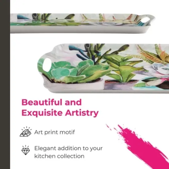 Pimpernel Succulents Large Handled Tray - 18.9" x 11.6" Melamine Serving Tray with Botanical Design - Dishwasher-Safe image {2}