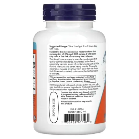 NOW Foods Omega-3 Fish Oil, 1000 mg, 180 EPA - 120 DHA, Odor Controlled, Enteric Coated, 90 Softgels image {2}