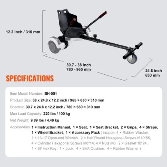 VEVOR Hoverboard Seat Attachment, Compatible with All 6.5" 8" 8.5" 10" Hoverboards, Grips Control, Adjustable Frame Length and 220 LBS Load Capacity image {7}