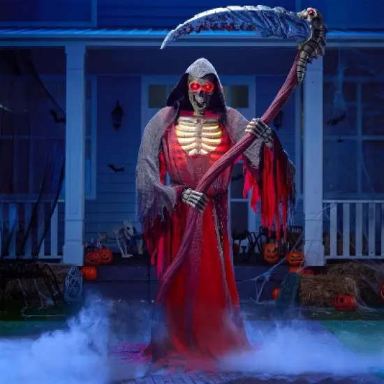 Joyfy 99.6'' Halloween Outdoor Decoration, Animatronics Standing Grim Reaper Holding Giant Scythe with Light for Indoor Outdoor Haunted House Decor image {9}