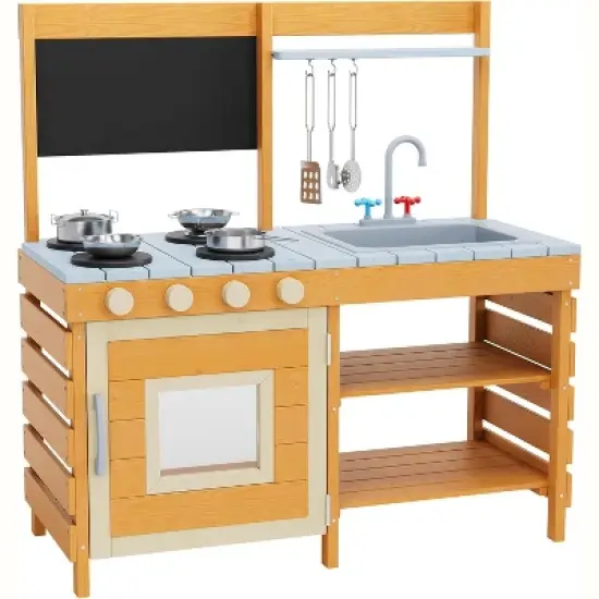 Outdoor Wooden Mud Kitchen w/ Cookware, Removable Sink/Faucet & Chalkboard - Storage Shelves, Stove Toddler Playset Ages 3+ image {7}