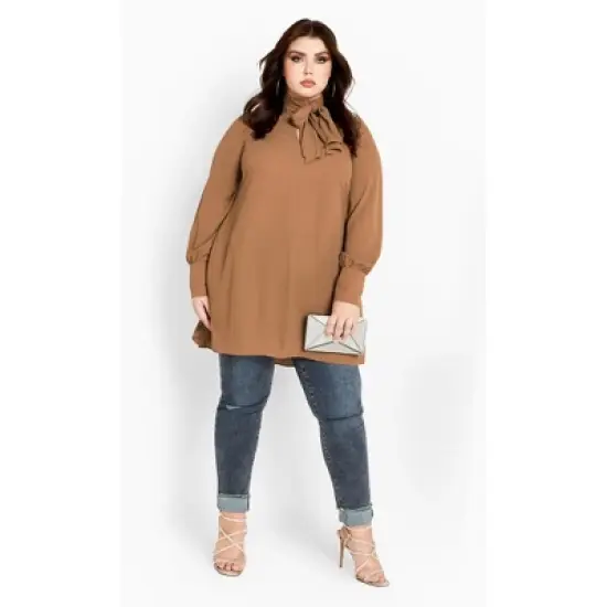 Women's Plus Size Neck Tie Tunic - caramel | CITY CHIC image {1}