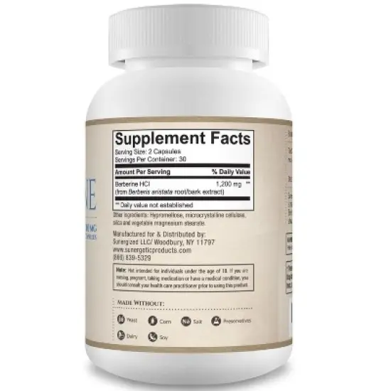 Sunergetic Premium Berberine Supplement - 1200mg of Berberine Per Serving - Berberine HCL Supplement Non-GMO - Immune Support- 60 Berberine Capsules image {1}