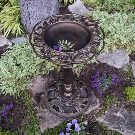 28" Rose BirdBath - Antique Bronze - Oakland Living: Cast Aluminum, Maintenance Free, Freestanding image {6}