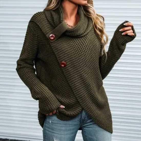 Women's Buttoned Turtleneck Wrap Sweater - Cupshe image {3}