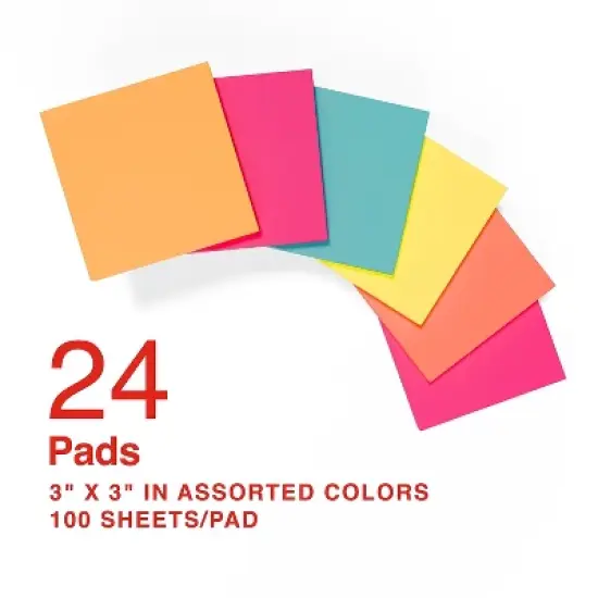 MyOfficeInnovations Stickies Standard Notes 3" x 3" Assorted 100 Sh./Pad 24 Pads/PK 24295902 image {1}