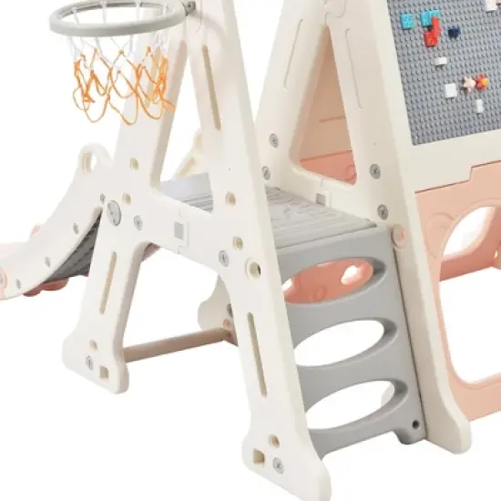 Triangle Climber with Slide,Toddlers Climber Slide for Age 1-3,7-in-1 A-Frame Climber Toddler Slide with Basketball Hoop and Art Drawing Board Pink image {3}
