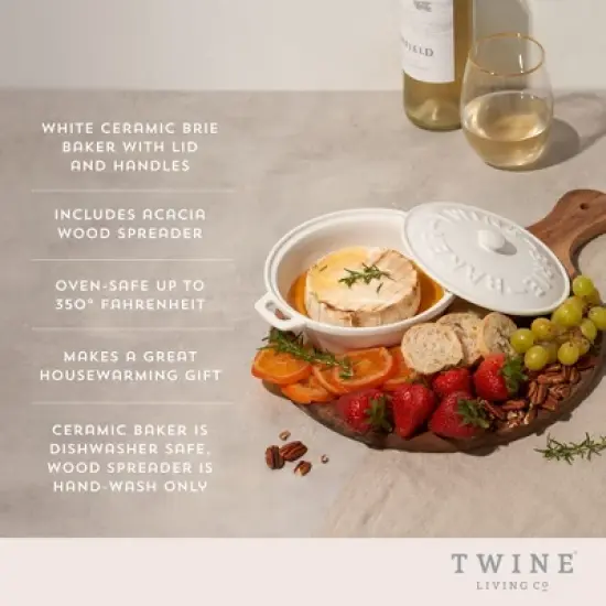Twine Ceramic Brie Baker with Wood Spreader, Brie Baker with Lid, Acacia Wood Spreader, White Ceramic, Set of 1 image {1}