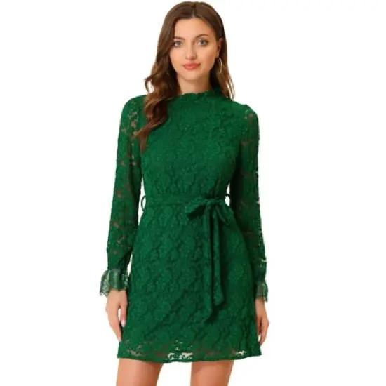 Allegra K Women's Ruffle Crew Neck Formal Elegant Mini Floral Lace Dress image {18}