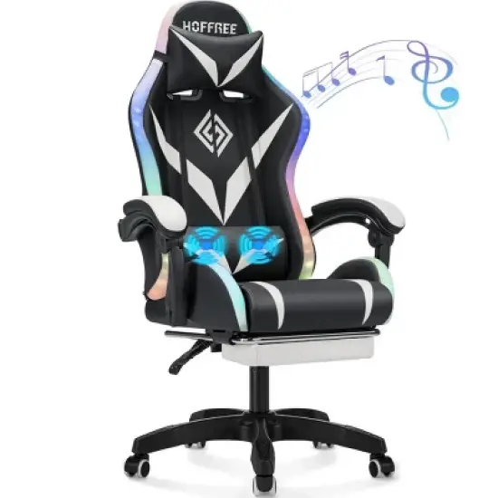 Hoffree Upholstered Massage Gaming Chair Ergonomic Office PC Chair with Bluetooth Speaker & RGB Light image {17}