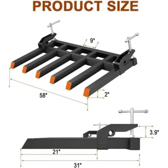 Acekool Clamp-On Debris Forks for 60" Tractor Bucket, 4000 lbs Capacity, Quick Attach Pallet Fork, 6 Tines for Loader, Skid Steer, Farm image {2}