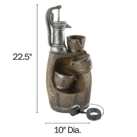 Nature Spring Old-Fashioned Hand Pump and Barrel 4-Tier Fountain With Cascading Waterfall and LED Lights - Brown image {1}