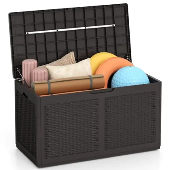 Tangkula 103 Gallon Resin Outdoor Storage Box Waterproof Deck Box w/ Lockable Lid & Wheels Brown/Black/Grey image {10}