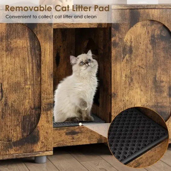 55.1" Double Cat Litter Box Enclosure with Rattan Doors - Hidden Cabinet for 2 Cats, Odor Control & Litter Mat image {2}