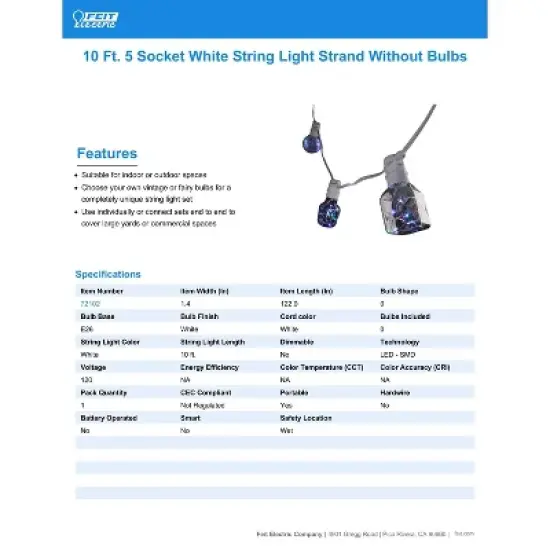 Feit Electric LED Mix N Match Socket String Light Strand Clear 10 ft. 5 lights image {6}