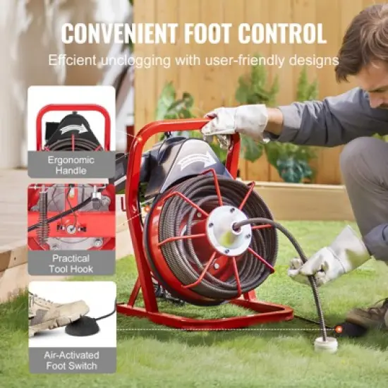 VEVOR Drain Cleaner Machine 75FT x 1/2 Inch, Sewer Snake Auger Manual Feed, 370W Electric Drain Cleaning Machine, Red image {6}