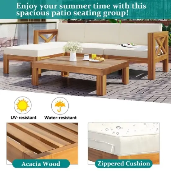 5-Piece Outdoor Patio Wood Sectional Sofa Set with Cushions,Acacia Wood X-Back Seating Group with Ottoman And Tea Table-Maison Boucle image {6}