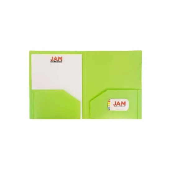 JAM Paper Heavy Duty Plastic Two-Pocket School Folders Lime Green 108/Pack 383HLIB image {2}