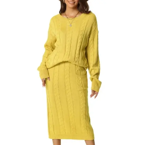 Seta T Womens' Fall Winter Casual Crewneck Sweater Two Pieces Outfit Midi Skirts with Pockets Lounge Set image {8}