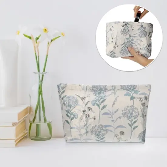 Unique Bargains Travel Canvas Floral Zipper-Closure Makeup Bag Light Blue 1 Pc image {5}