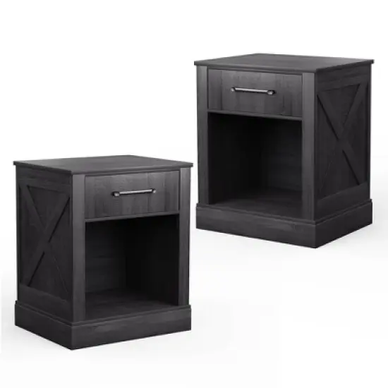 Costway 2PCS Nightstand with Drawer and Shelf Rustic Wooden Bedside Table Bedroom Brown / Natural / Black image {10}