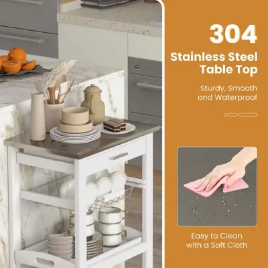 Costway Compact Kitchen Island Cart Rolling Service Trolley withStainless Steel Top Basket image {7}