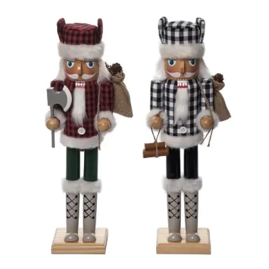 Transpac Christmas Large Wood Buffalo Check Nutcracker Set of 2 Christmas Home Decorations image {1}