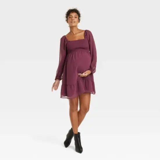 Long Sleeve Smocked Chiffon Mini Maternity Empire Waist Dress - Isabel Maternity by Ingrid & Isabel&trade; image {3}